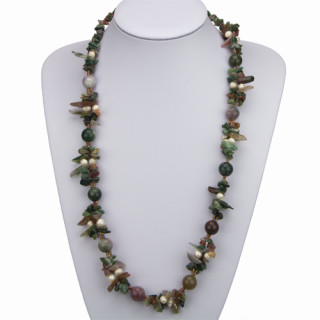 Special price: Long necklace Indian agate with freshwater pearls
