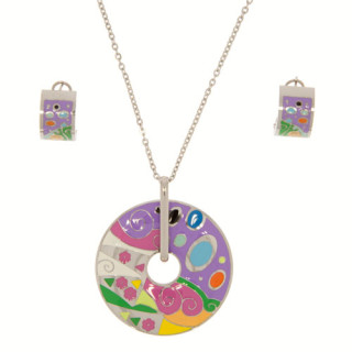 Set:Halskette + Ohrringe Edelstahl emailiert, Silber-bunt