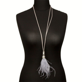 Long leather necklace with ostrich feathers, grey-blue