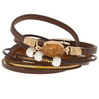 Lederarmband, 40cm, mit Achat und Magnetverschluss