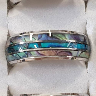 Stainless steel ring with shell, silver-abalone