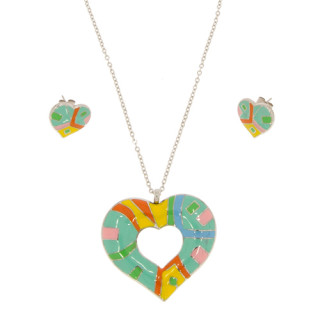 Set:Halskette + Ohrringe Edelstahl emailiert, Silber-bunt