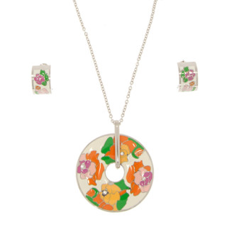 Set:Halskette + Ohrringe Edelstahl emailiert, Silber-bunt