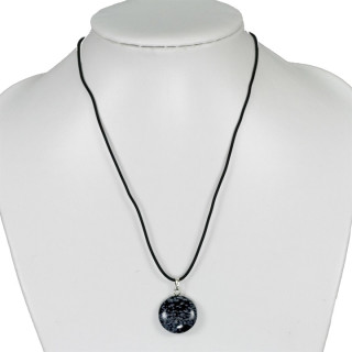 Necklace rubber with natural stone pendant Coin, snowflake osidian