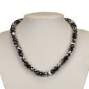 Necklace with glass beads, silver/grey-black