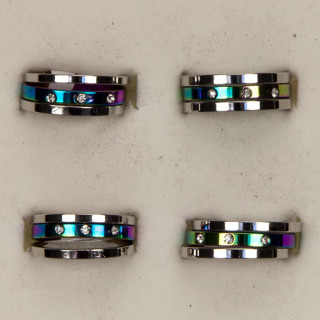 Stainless steel ring, triplre with stones, silver-rainbow