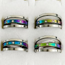 Stainless steel ring, triplre with stones, silver-rainbow