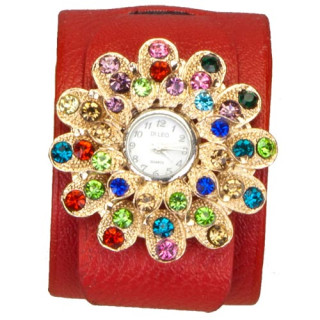 Ladies watch DI LEO Sole, red with mixed stones, no battery check!