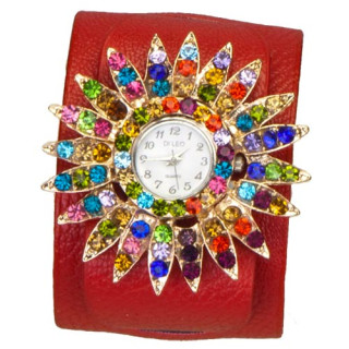Ladies watch DI LEO Stella, red with mixed stones, no battery check!