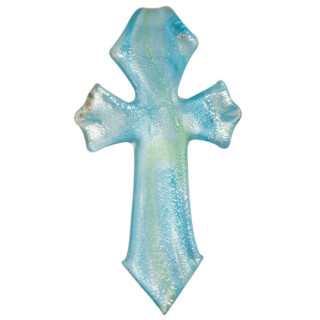 Big glass pendant, cross light blue 80x42mm