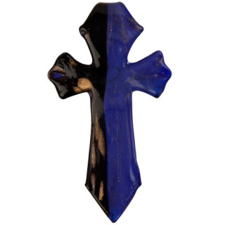 Big glass pendant, cross dark blue/black/gold 80x42mm