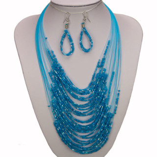 Set: 30-strand glass necklace + earrings, blue