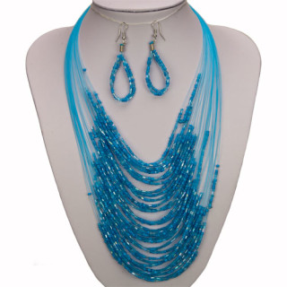 Set: 30strängiges Glascollier + Ohrringe, Blau