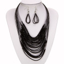 Set: 30-strand glass necklace + earrings, black