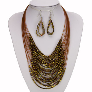 Set: 30strängiges Glascollier + Ohrringe, Braun-Gold