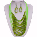 Set: 30-strand glass necklace + earrings, green