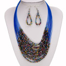 Set: 30-strand glass necklace + earrings, blue-multicoloured