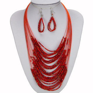 Set: 30-strand glass necklace + earrings, red