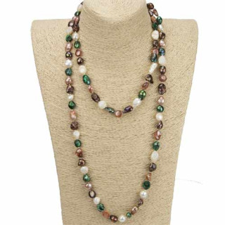 Long freshwater pearl necklace with fantasy pearls, 120cm, green-brown-cream
