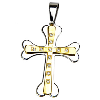 Stainless steel pendant cross with stones, 52mm, bicolor