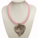 Fabric ribbon necklace pink with pendant heart