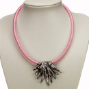 Fabric ribbon necklace pink with pendant leaf