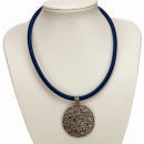 Fabric ribbon necklace blue with pendant circle