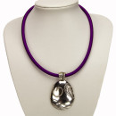 Fabric ribbon necklace purple with pendant oval