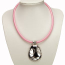 Fabric ribbon necklace pink with pendant oval
